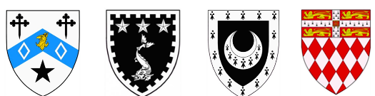 the crests of newnham, murray edwards, trinity hall, and fitzwilliam colleges of cambridge